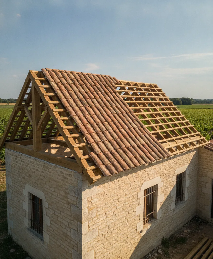 Couvreur au travail sur une installation de couverture en Gironde